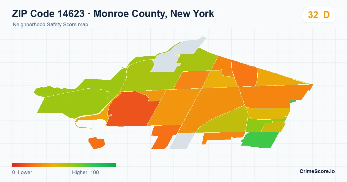 ZIP Code 14623 in Monroe County, New York neighborhood Safety Score map