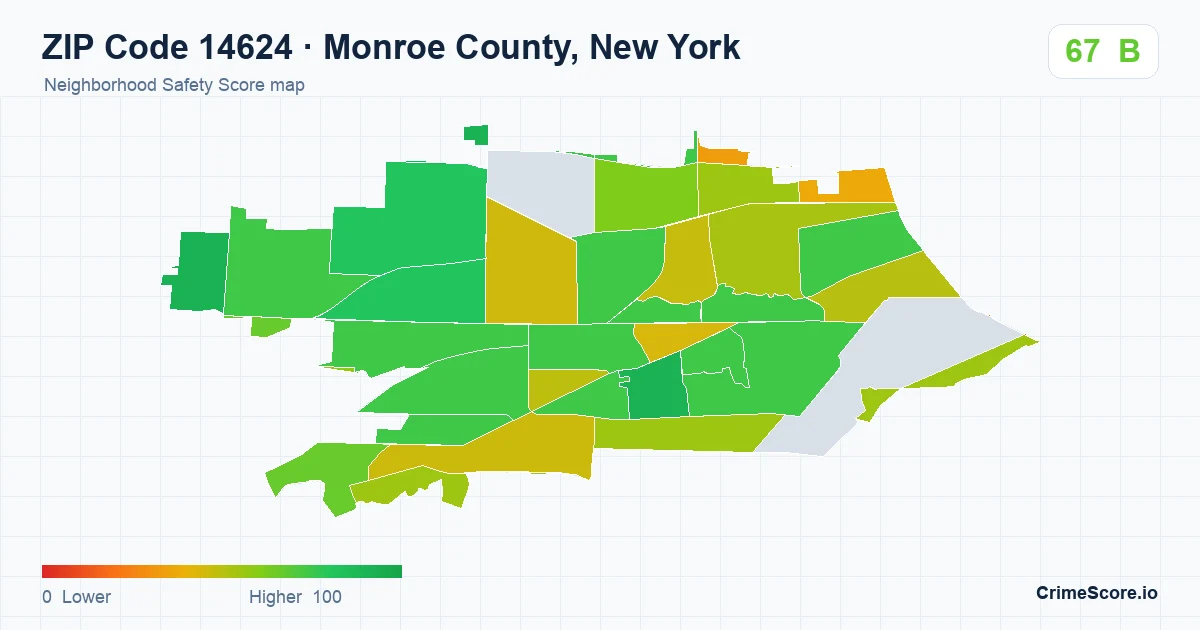 ZIP Code 14624 in Monroe County, New York neighborhood Safety Score map