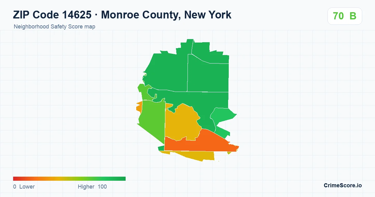 ZIP Code 14625 in Monroe County, New York neighborhood Safety Score map