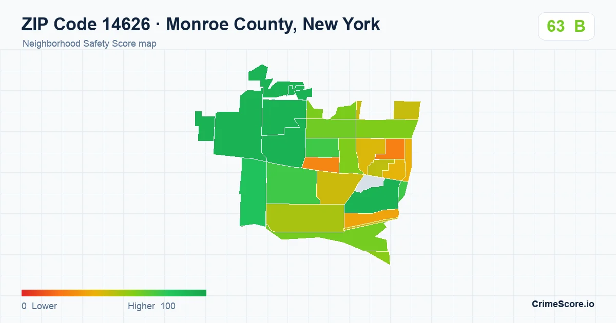 ZIP Code 14626 in Monroe County, New York neighborhood Safety Score map