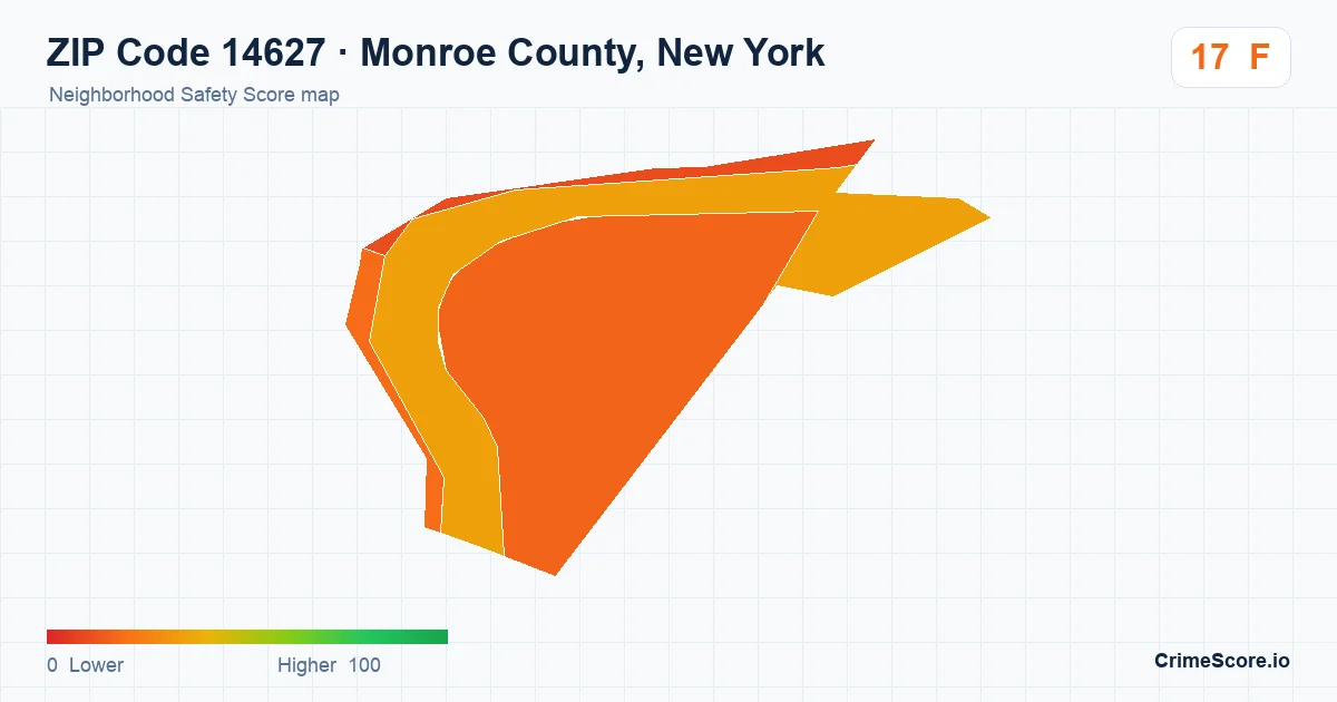 ZIP Code 14627 in Monroe County, New York neighborhood Safety Score map