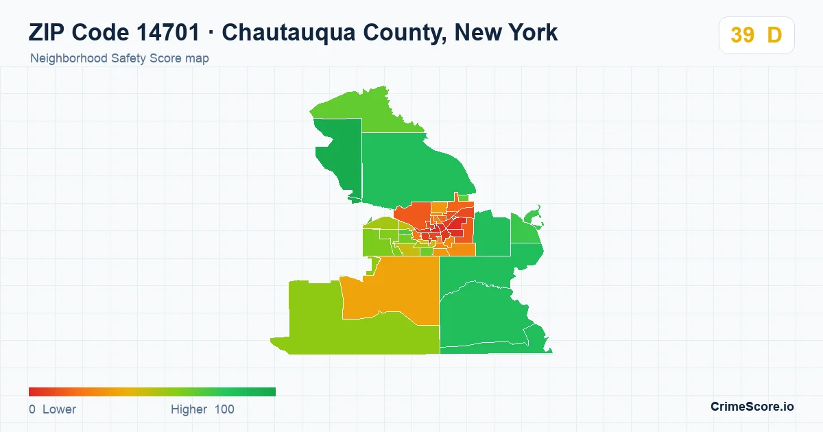 ZIP Code 14701 in Chautauqua County, New York neighborhood Safety Score map