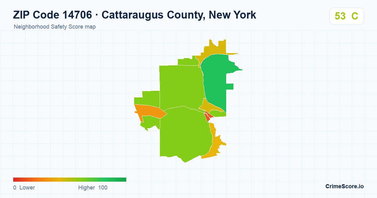 ZIP Code 14706 in Cattaraugus County, New York neighborhood Safety Score map