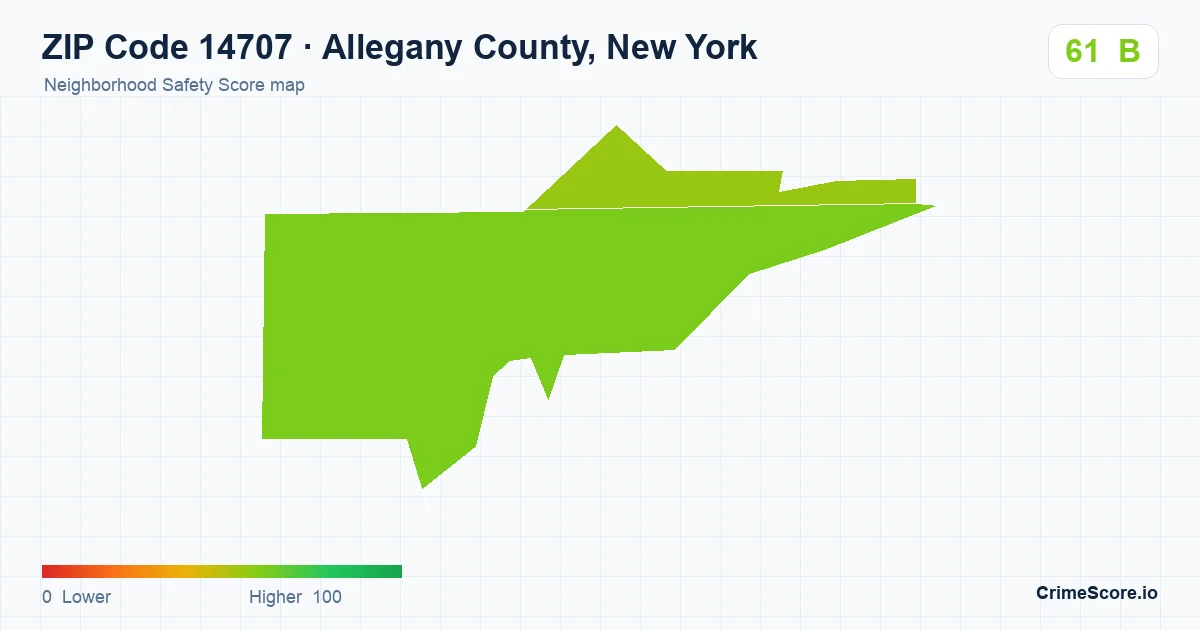 ZIP Code 14707 in Allegany County, New York neighborhood Safety Score map