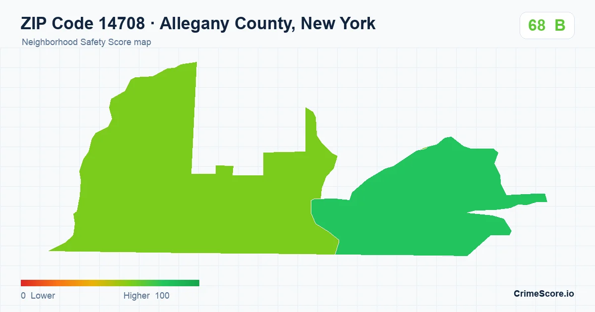 ZIP Code 14708 in Allegany County, New York neighborhood Safety Score map