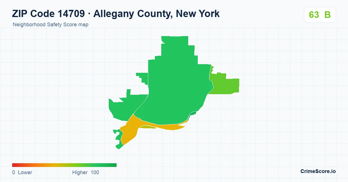 ZIP Code 14709 in Allegany County, New York neighborhood Safety Score map