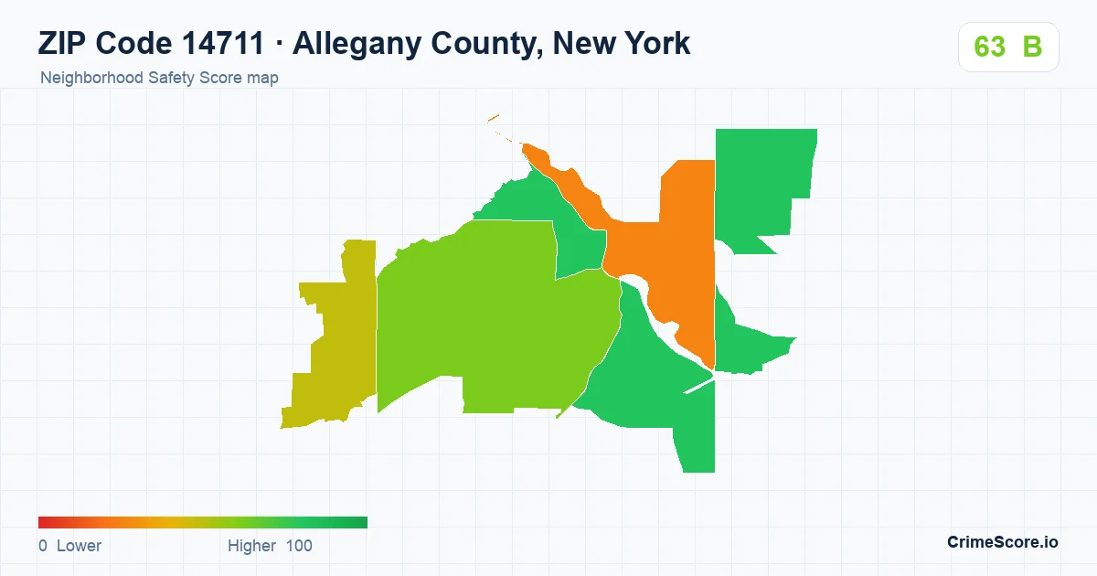 ZIP Code 14711 in Allegany County, New York neighborhood Safety Score map