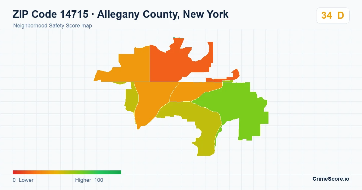 ZIP Code 14715 in Allegany County, New York neighborhood Safety Score map