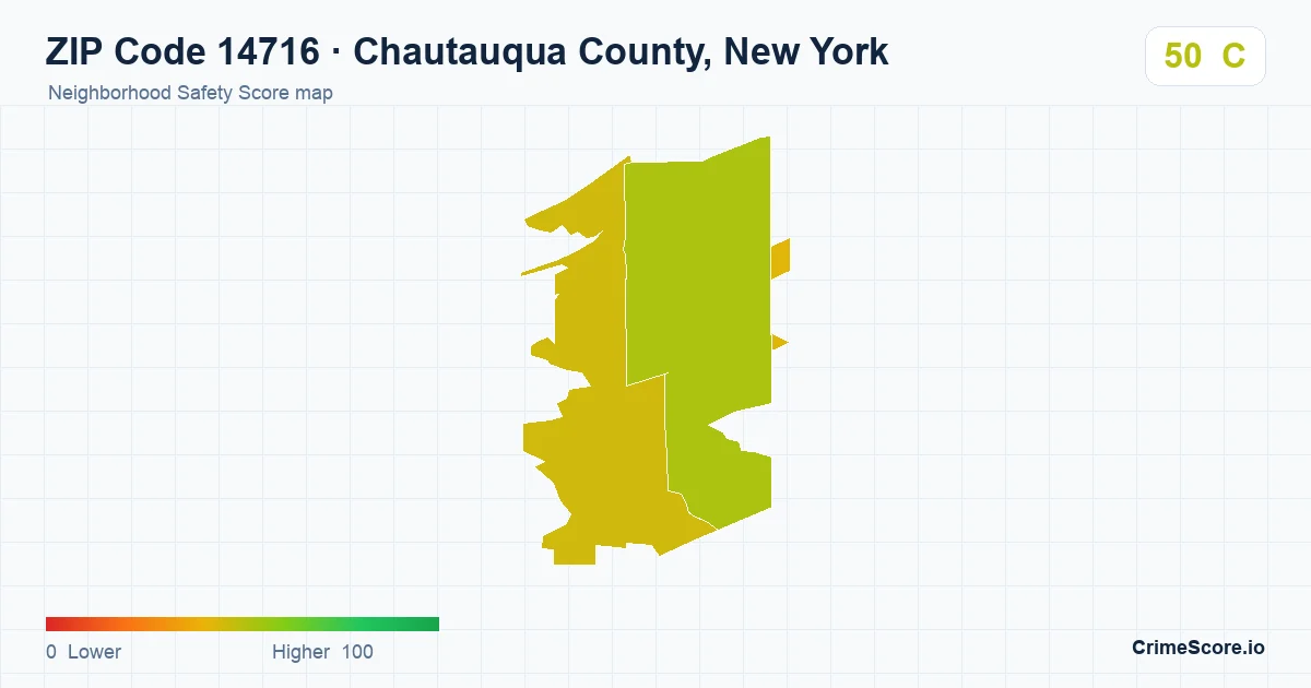 ZIP Code 14716 in Chautauqua County, New York neighborhood Safety Score map