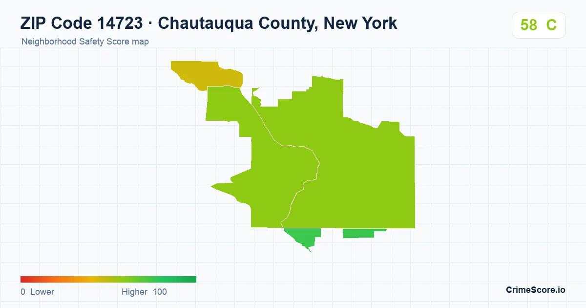 ZIP Code 14723 in Chautauqua County, New York neighborhood Safety Score map