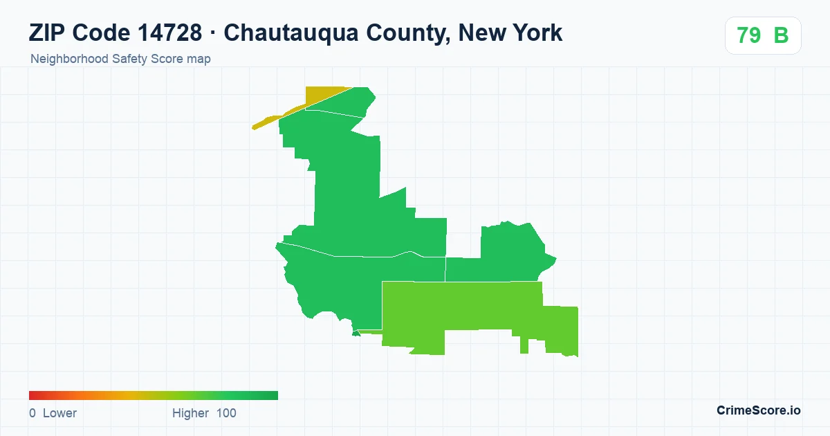 ZIP Code 14728 in Chautauqua County, New York neighborhood Safety Score map