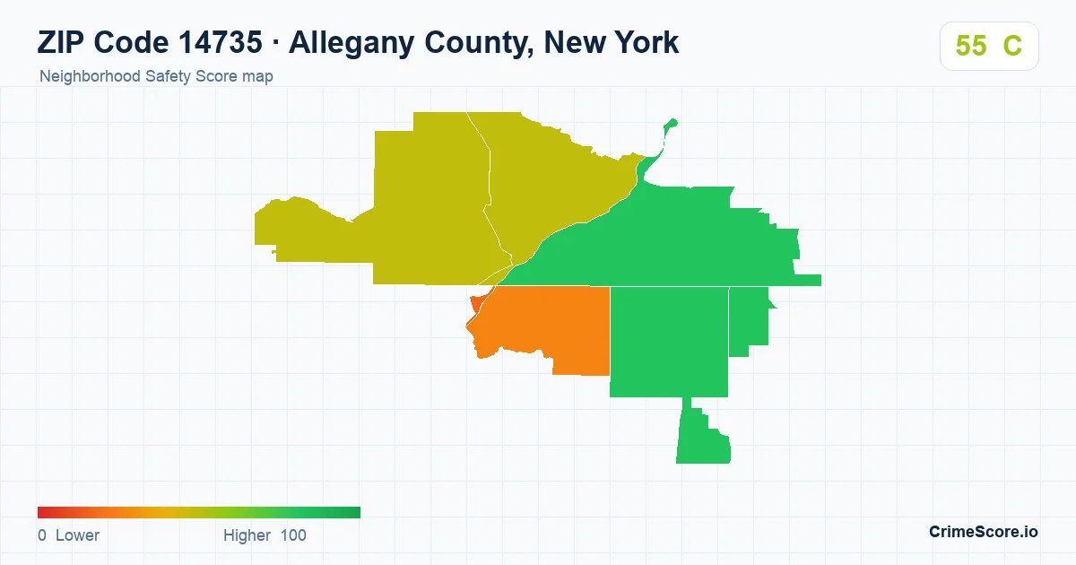 ZIP Code 14735 in Allegany County, New York neighborhood Safety Score map