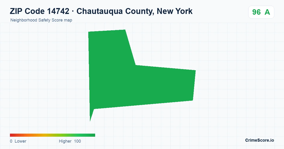 ZIP Code 14742 in Chautauqua County, New York neighborhood Safety Score map