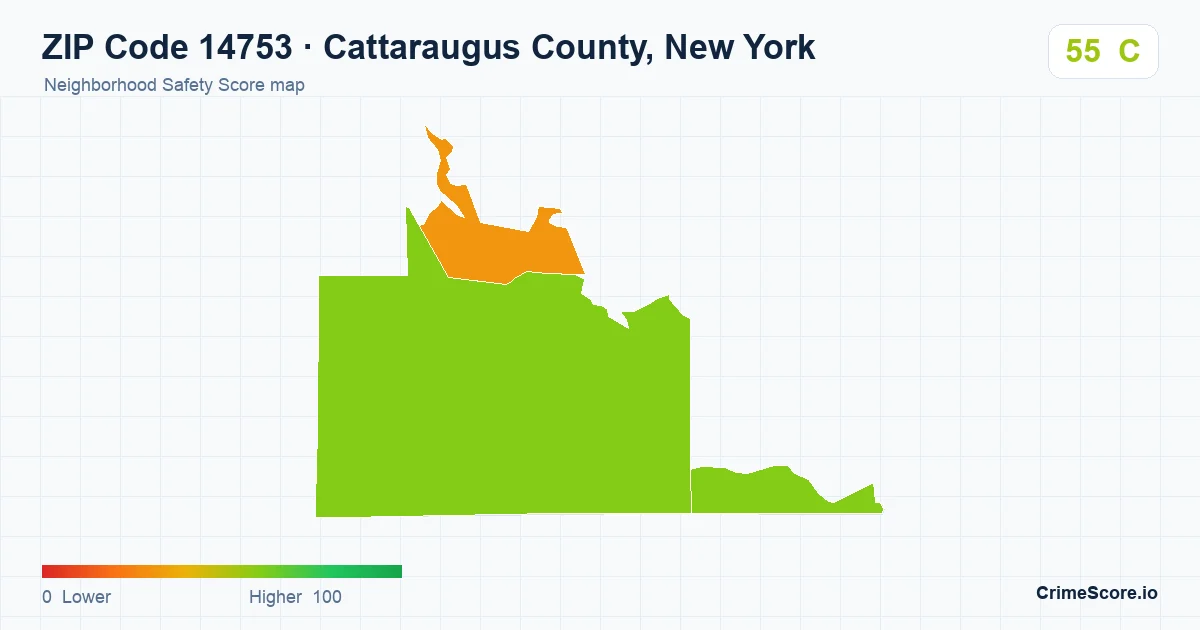 ZIP Code 14753 in Cattaraugus County, New York neighborhood Safety Score map