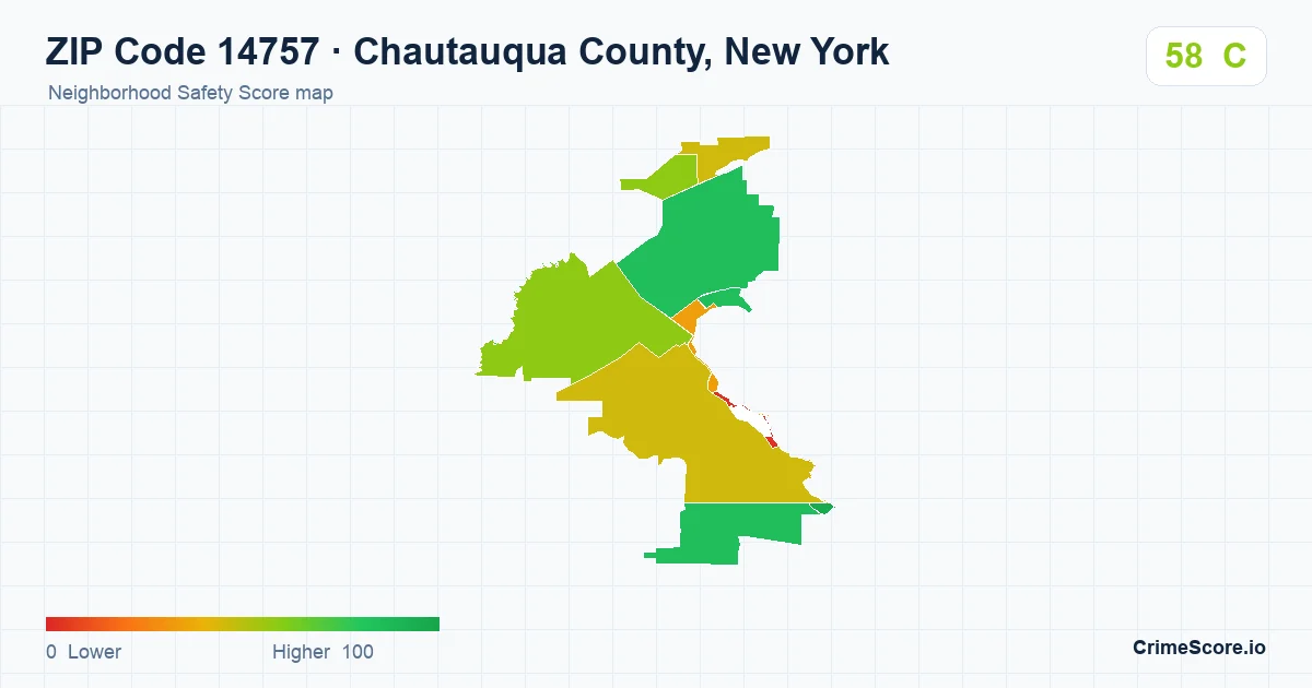 ZIP Code 14757 in Chautauqua County, New York neighborhood Safety Score map