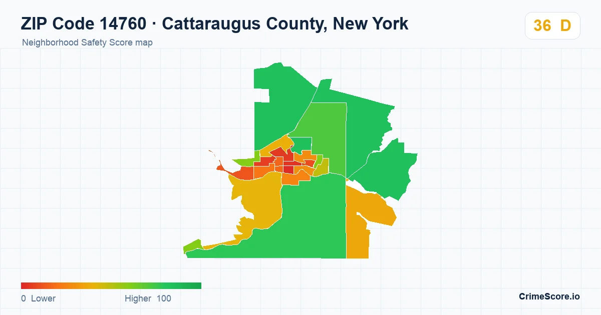 ZIP Code 14760 in Cattaraugus County, New York neighborhood Safety Score map