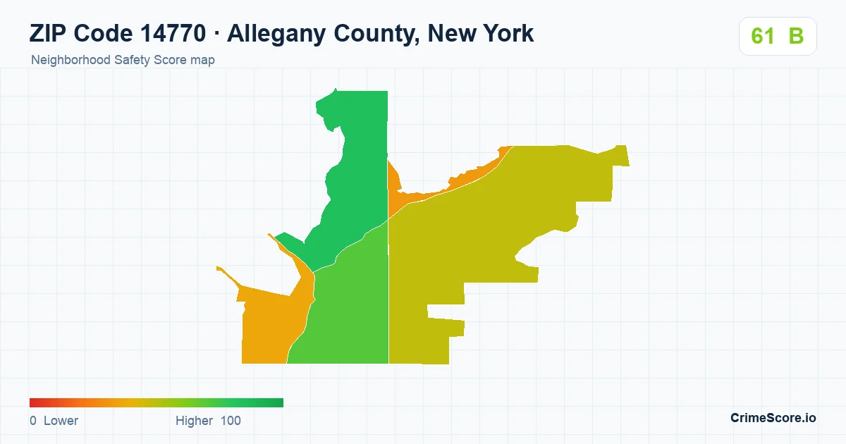 ZIP Code 14770 in Allegany County, New York neighborhood Safety Score map