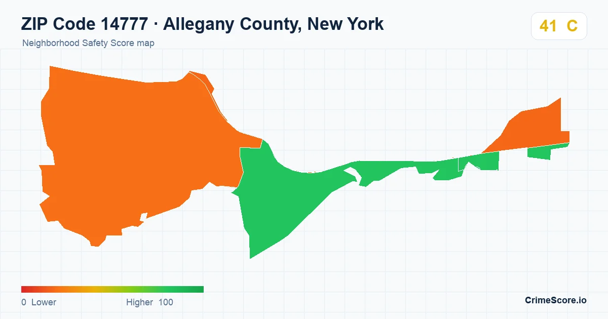 ZIP Code 14777 in Allegany County, New York neighborhood Safety Score map
