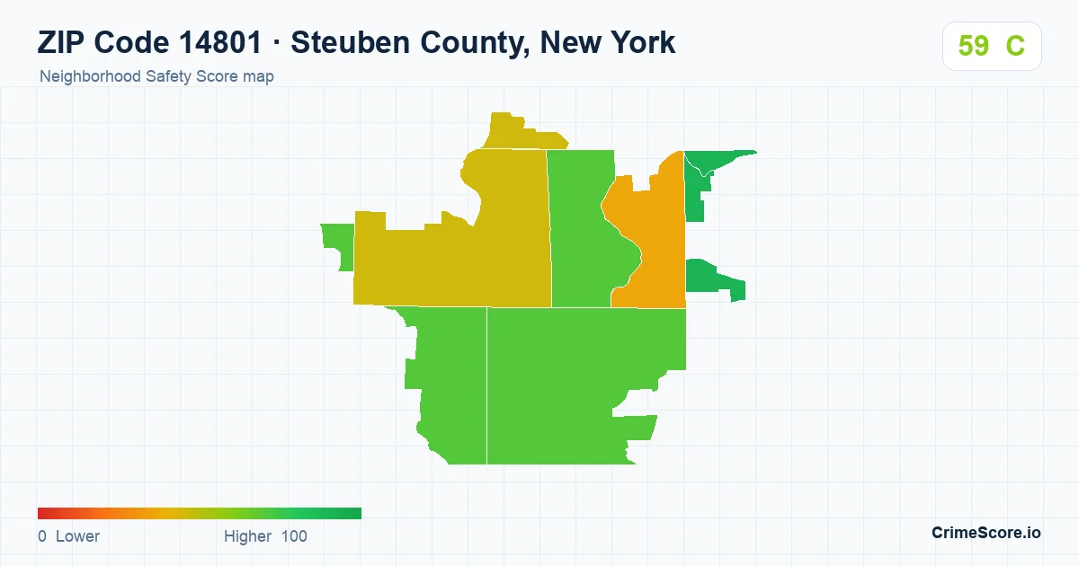 ZIP Code 14801 in Steuben County, New York neighborhood Safety Score map