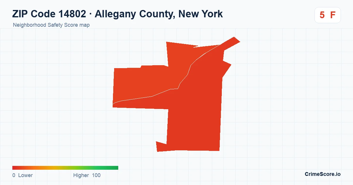 ZIP Code 14802 in Allegany County, New York neighborhood Safety Score map