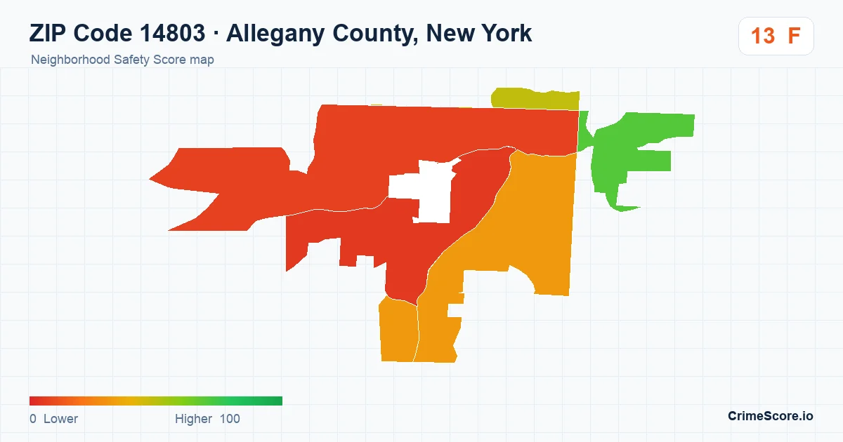 ZIP Code 14803 in Allegany County, New York neighborhood Safety Score map