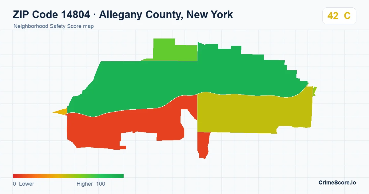 ZIP Code 14804 in Allegany County, New York neighborhood Safety Score map