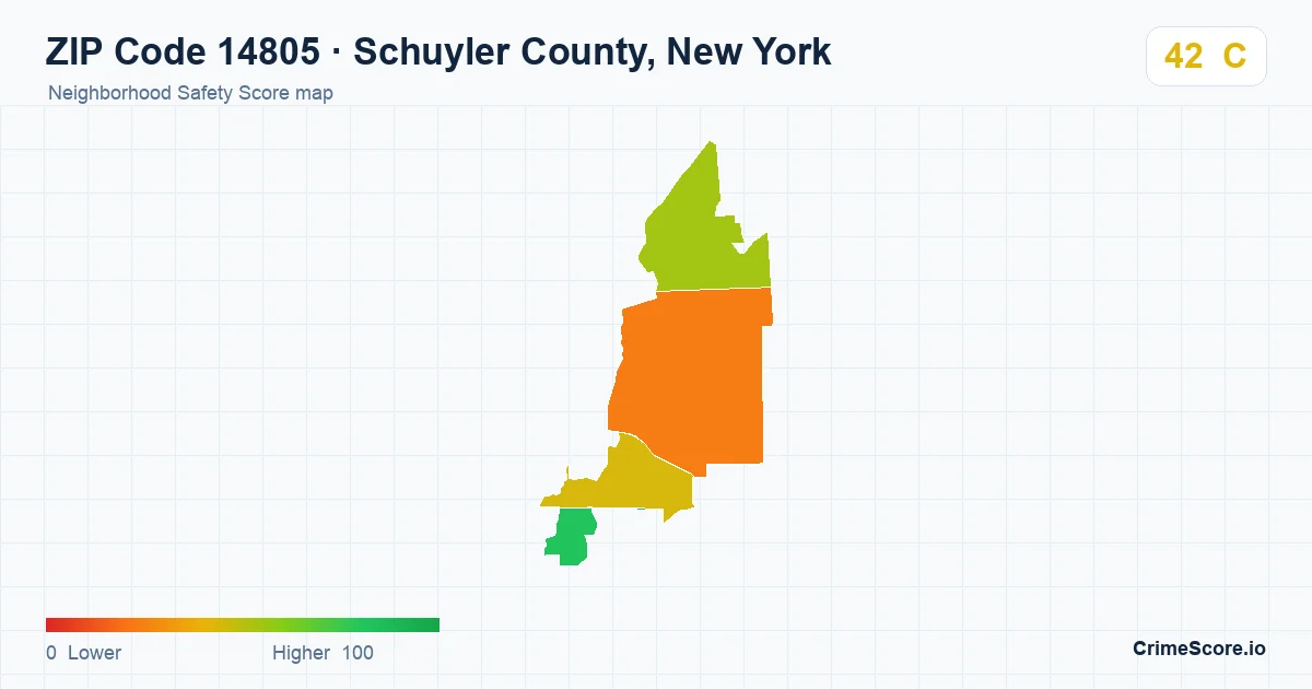 ZIP Code 14805 in Schuyler County, New York neighborhood Safety Score map