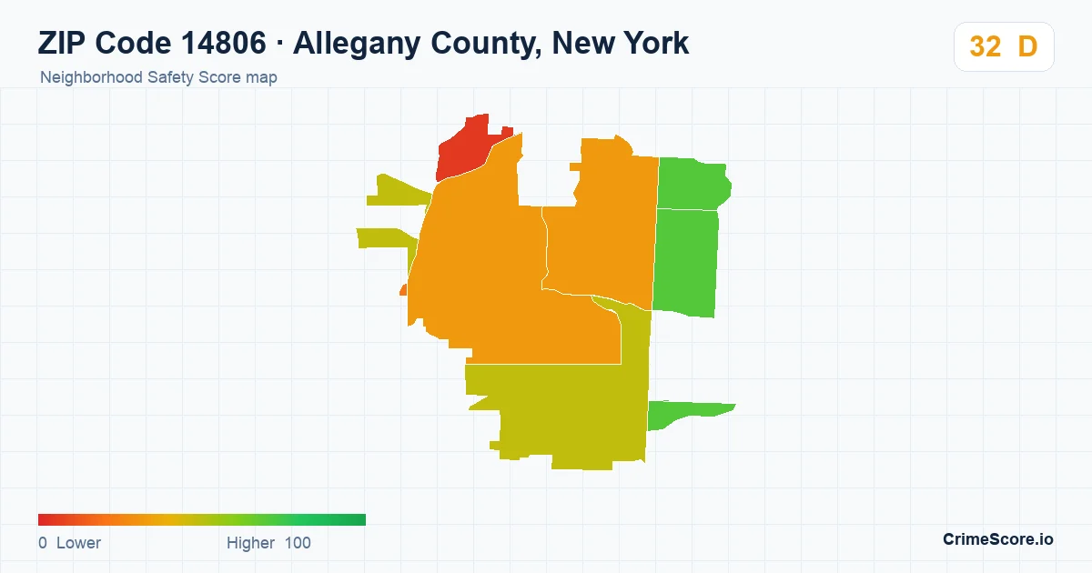 ZIP Code 14806 in Allegany County, New York neighborhood Safety Score map