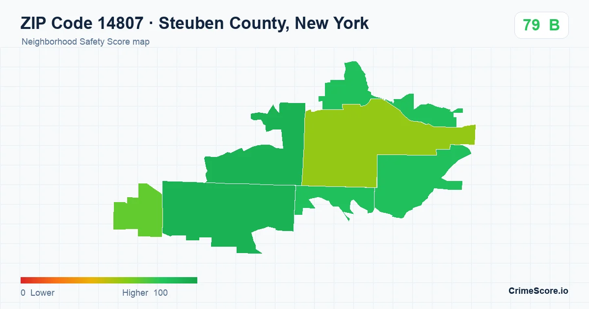ZIP Code 14807 in Steuben County, New York neighborhood Safety Score map