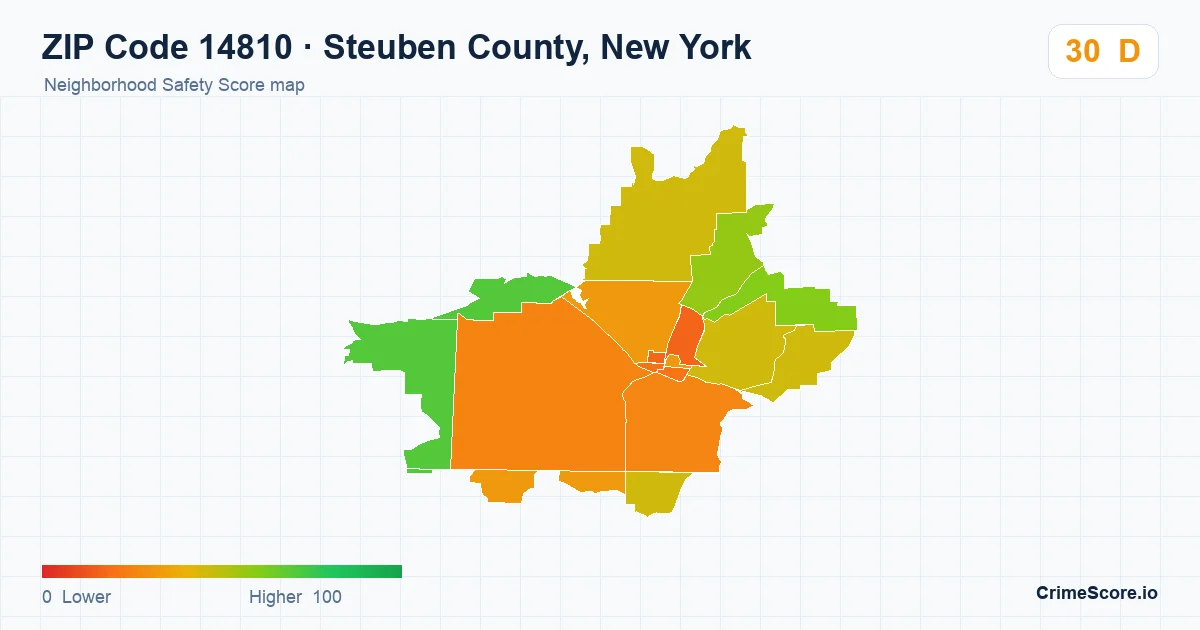 ZIP Code 14810 in Steuben County, New York neighborhood Safety Score map