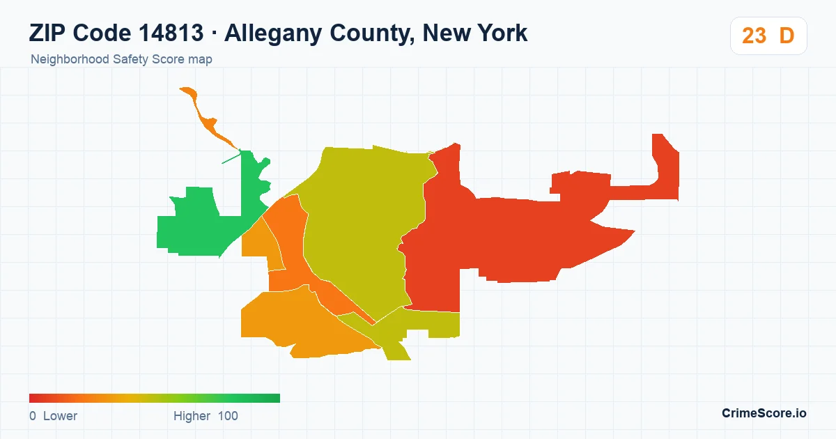 ZIP Code 14813 in Allegany County, New York neighborhood Safety Score map