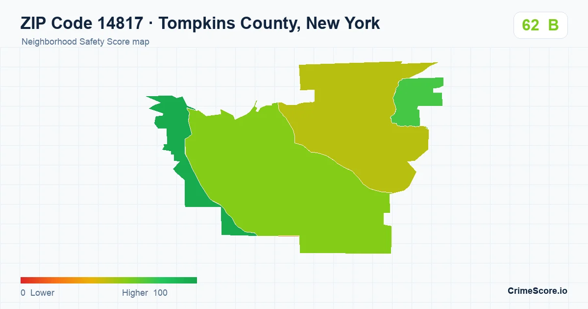 ZIP Code 14817 in Tompkins County, New York neighborhood Safety Score map