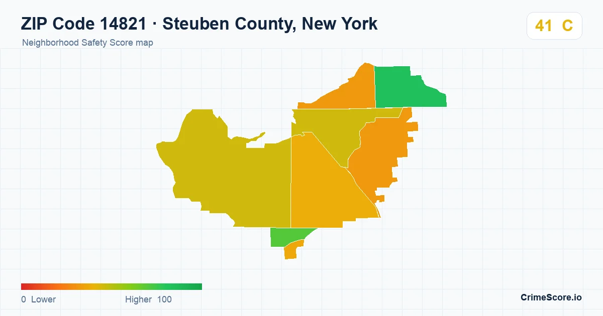 ZIP Code 14821 in Steuben County, New York neighborhood Safety Score map