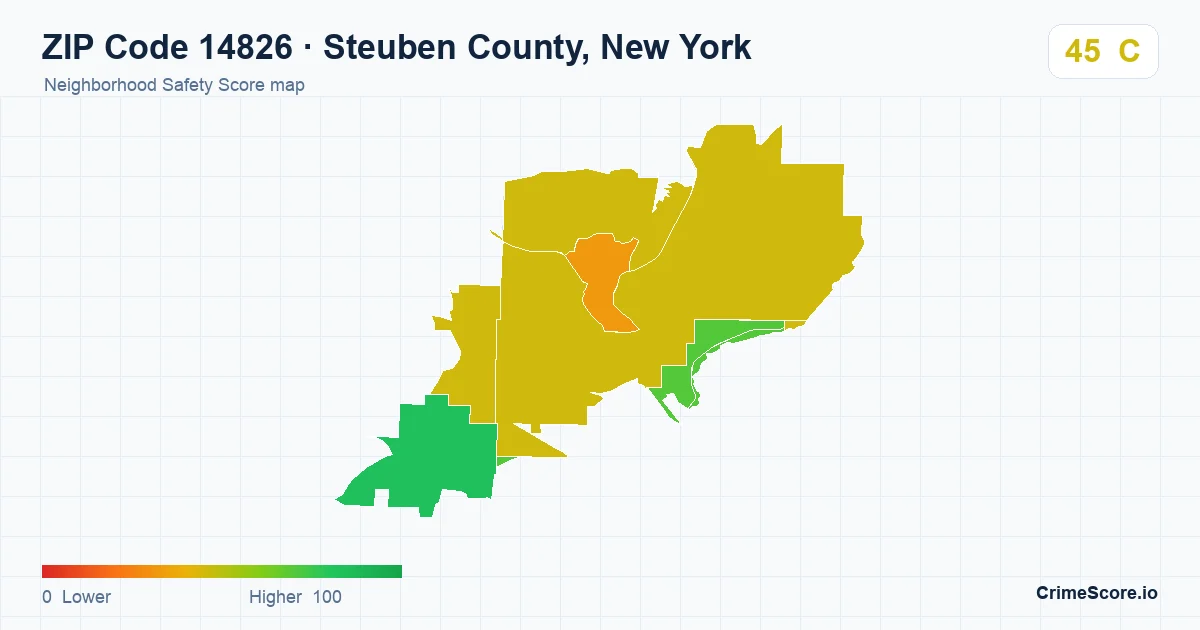 ZIP Code 14826 in Steuben County, New York neighborhood Safety Score map