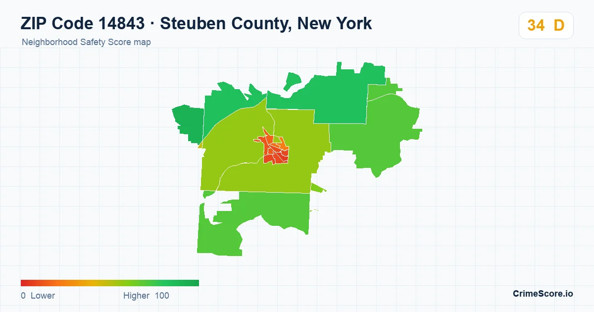 ZIP Code 14843 in Steuben County, New York neighborhood Safety Score map