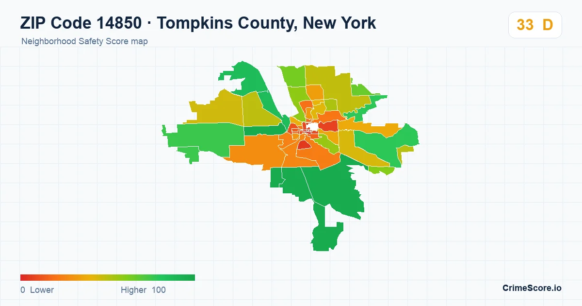 ZIP Code 14850 in Tompkins County, New York neighborhood Safety Score map