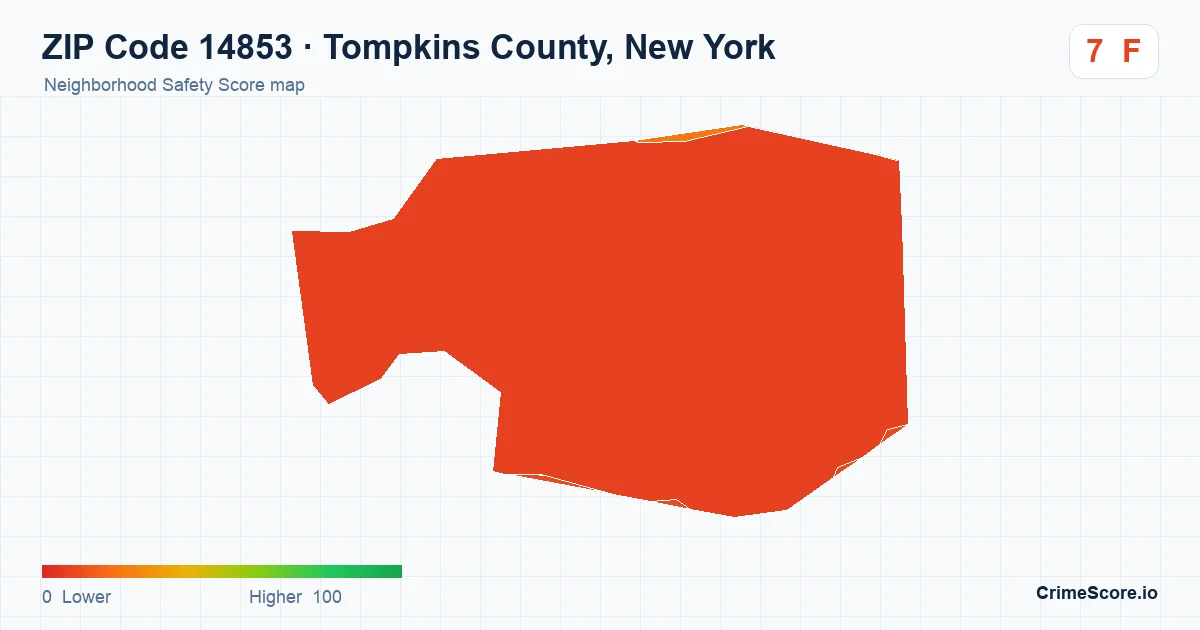 ZIP Code 14853 in Tompkins County, New York neighborhood Safety Score map