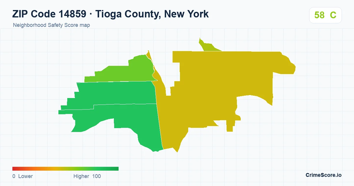 ZIP Code 14859 in Tioga County, New York neighborhood Safety Score map