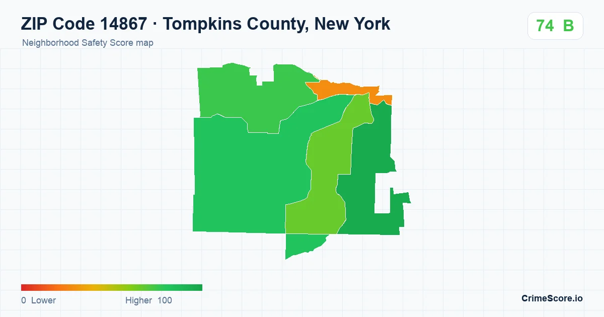 ZIP Code 14867 in Tompkins County, New York neighborhood Safety Score map