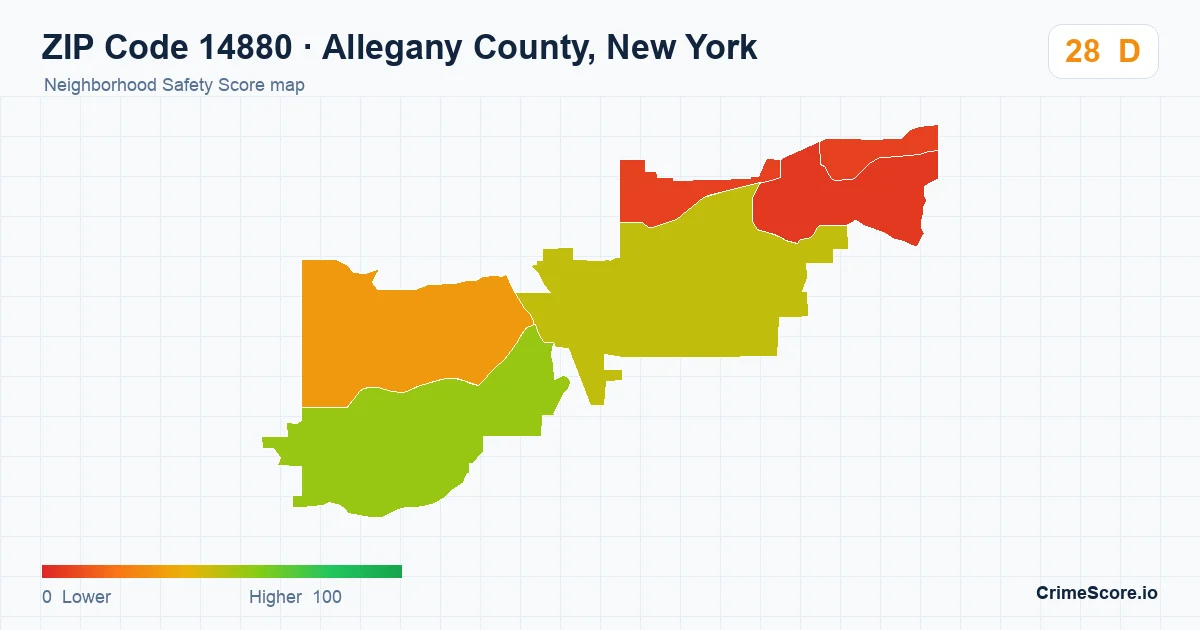 ZIP Code 14880 in Allegany County, New York neighborhood Safety Score map