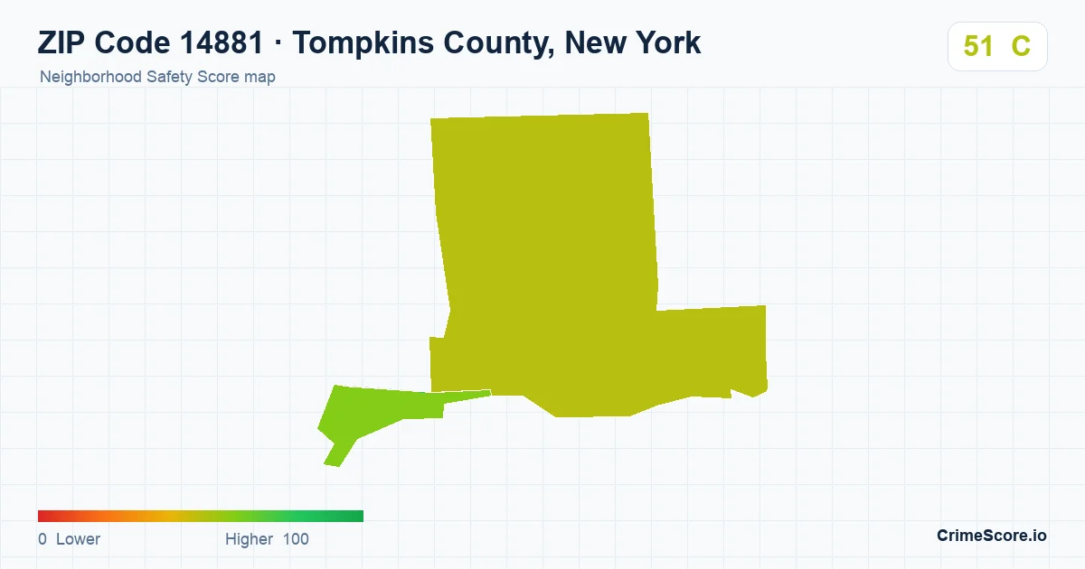 ZIP Code 14881 in Tompkins County, New York neighborhood Safety Score map