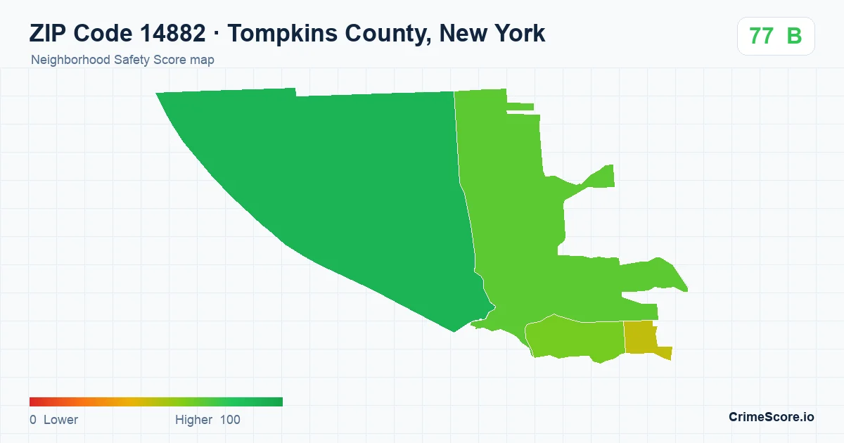 ZIP Code 14882 in Tompkins County, New York neighborhood Safety Score map