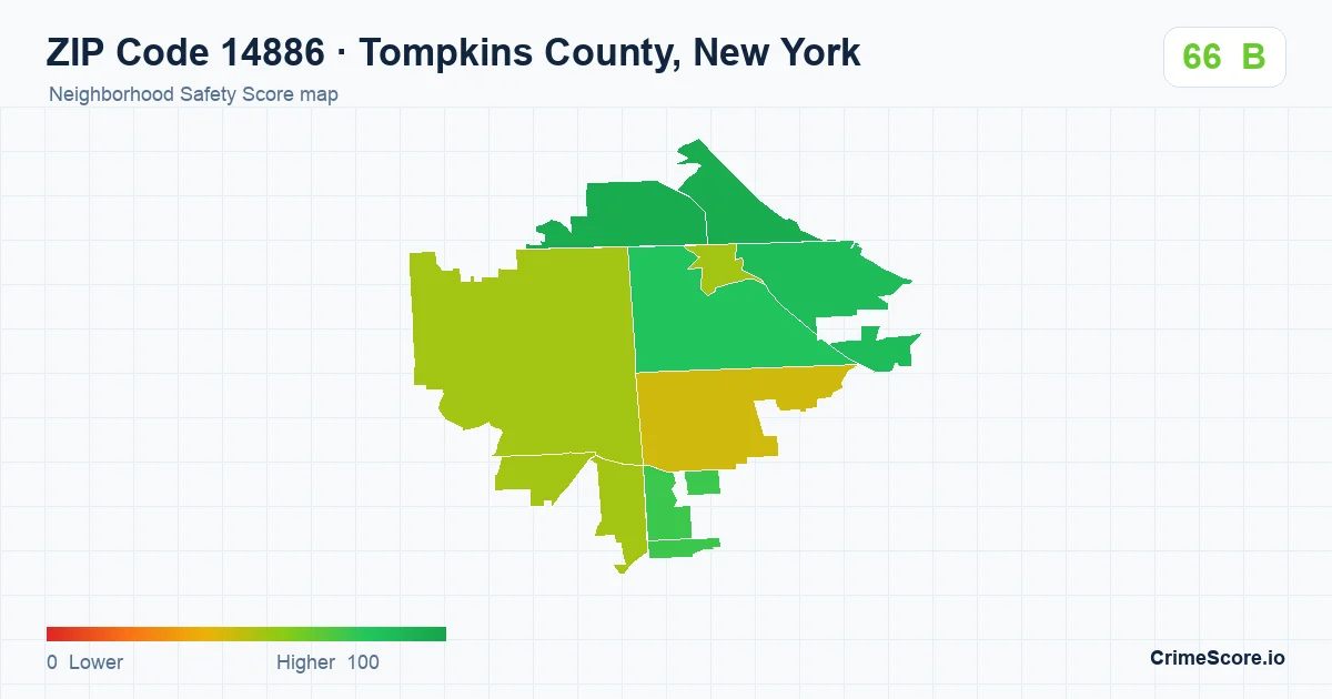 ZIP Code 14886 in Tompkins County, New York neighborhood Safety Score map