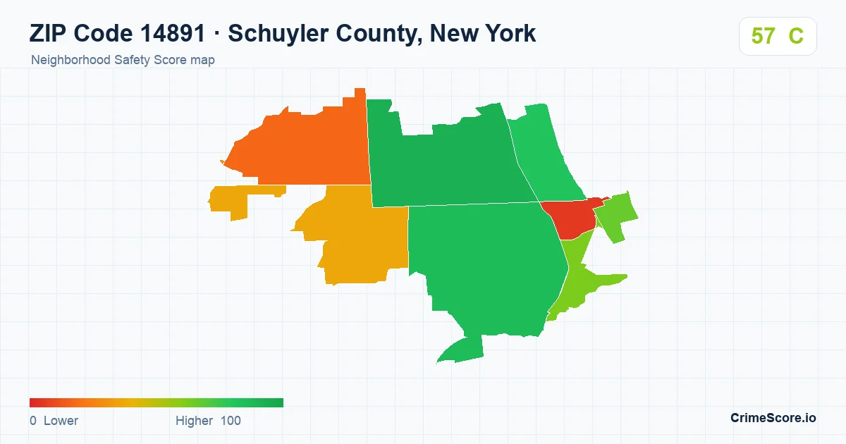 ZIP Code 14891 in Schuyler County, New York neighborhood Safety Score map