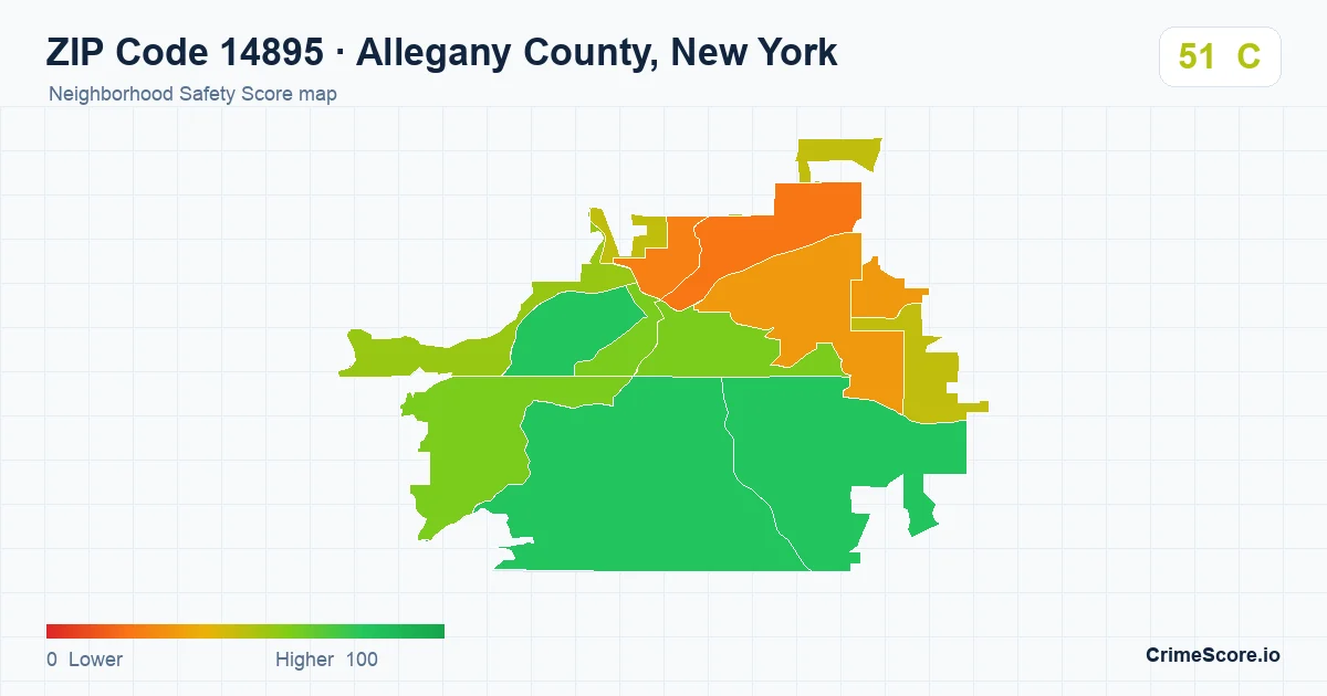 ZIP Code 14895 in Allegany County, New York neighborhood Safety Score map