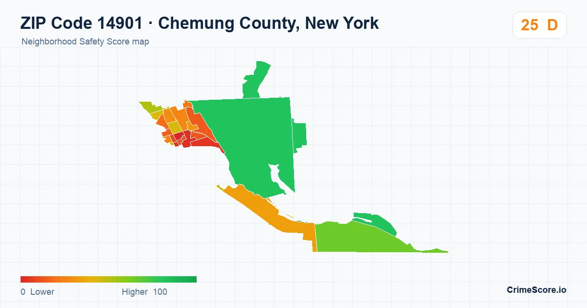ZIP Code 14901 in Chemung County, New York neighborhood Safety Score map