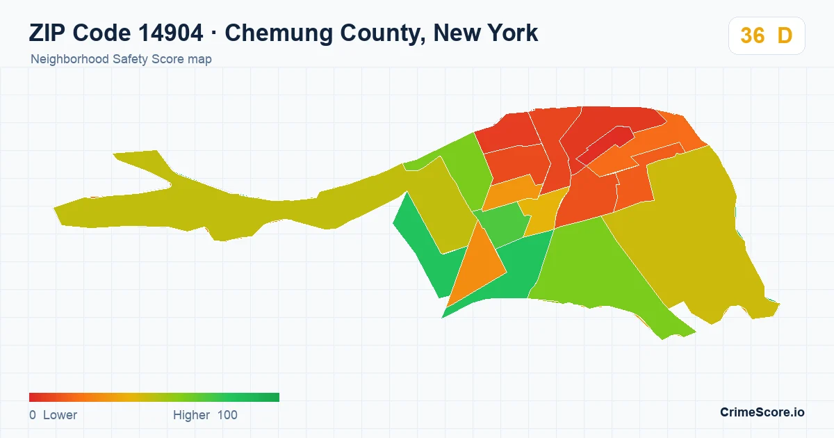 ZIP Code 14904 in Chemung County, New York neighborhood Safety Score map