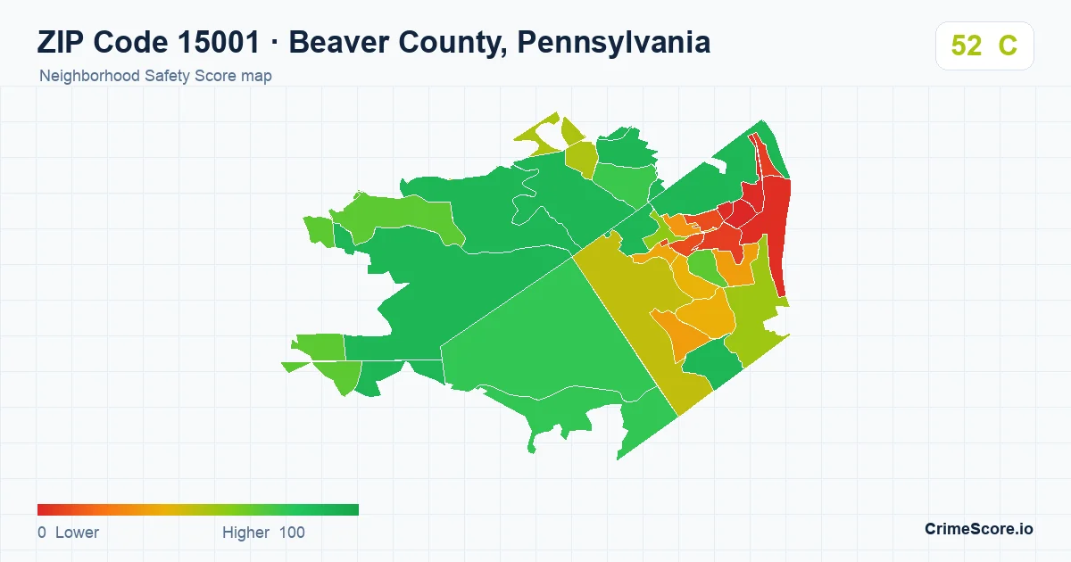 ZIP Code 15001 in Beaver County, Pennsylvania neighborhood Safety Score map