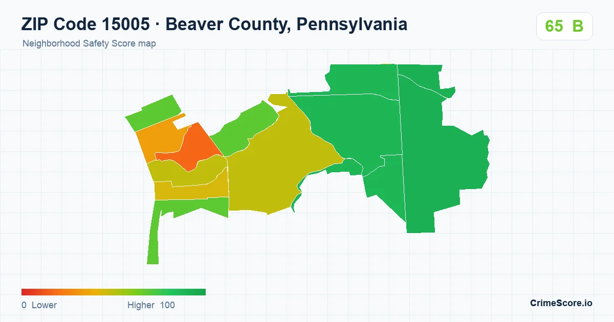 ZIP Code 15005 in Beaver County, Pennsylvania neighborhood Safety Score map