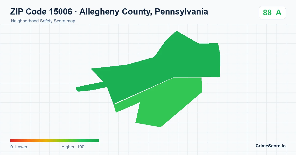 ZIP Code 15006 in Allegheny County, Pennsylvania neighborhood Safety Score map